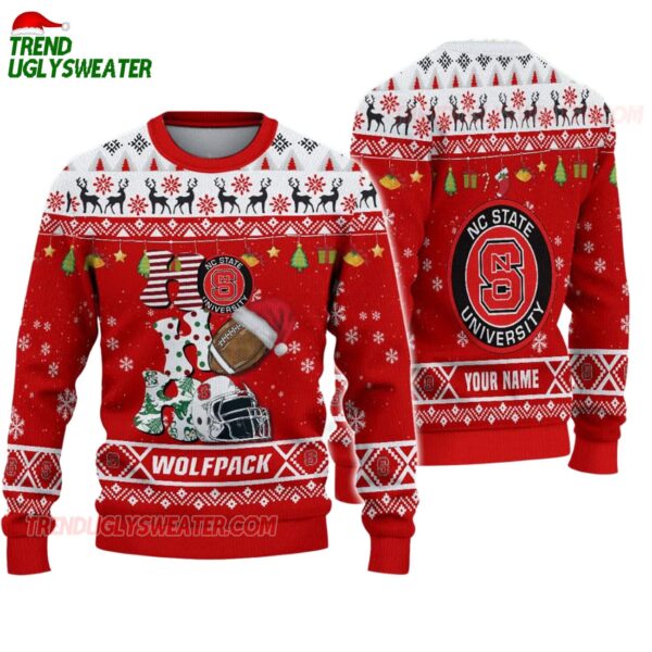 Custom Name Nc State Wolfpack Football Ho Ho Ho Ugly Christmas Sweater 1