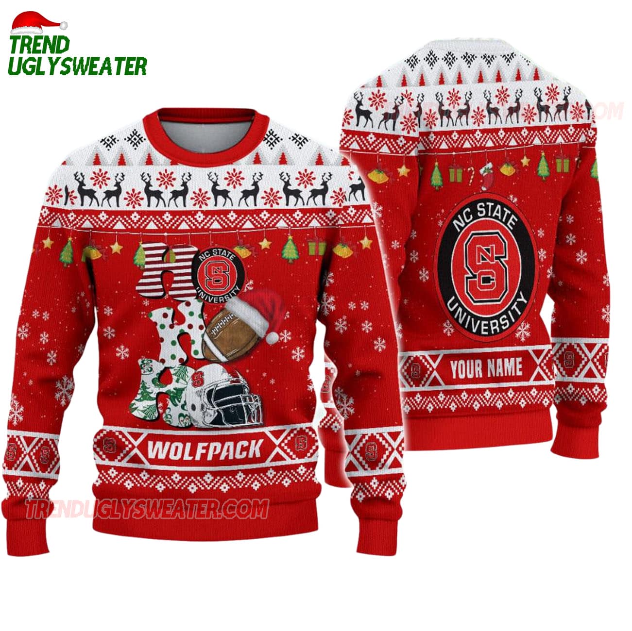 Custom Name Nc State Wolfpack Football Ho Ho Ho Ugly Christmas Sweater Custom Name Nc State Wolfpack Football Ho Ho Ho Ugly Christmas Sweater