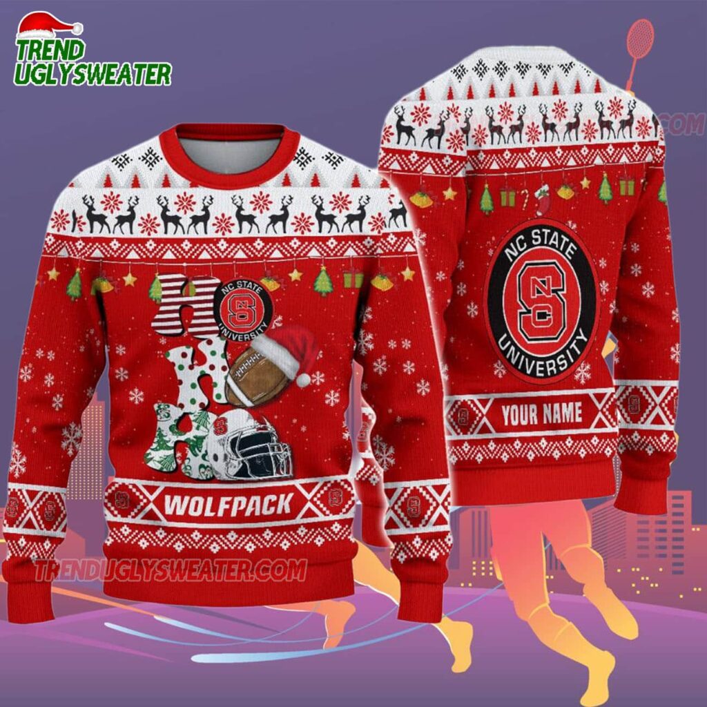 Custom Name Nc State Wolfpack Football Ho Ho Ho Ugly Christmas Sweater 2