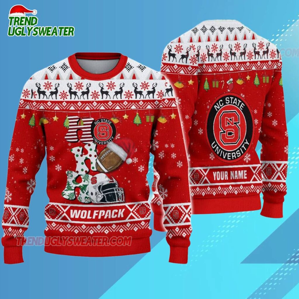 Custom Name Nc State Wolfpack Football Ho Ho Ho Ugly Christmas Sweater 3
