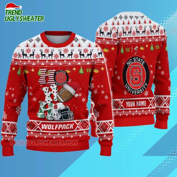 Custom Name Nc State Wolfpack Football Ho Ho Ho Ugly Christmas Sweater 3