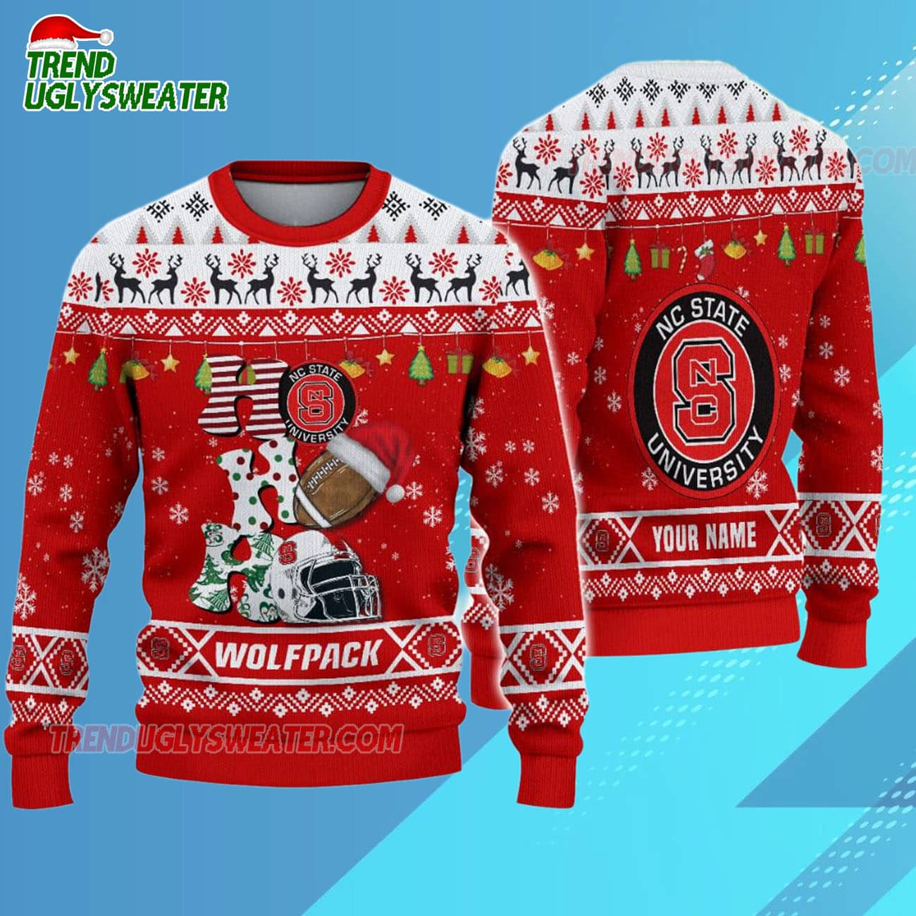 Custom Name Nc State Wolfpack Football Ho Ho Ho Ugly Christmas Sweater Custom Name Nc State Wolfpack Football Ho Ho Ho Ugly Christmas Sweater