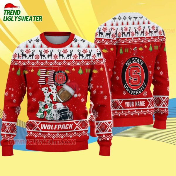 Custom Name Nc State Wolfpack Football Ho Ho Ho Ugly Christmas Sweater 4