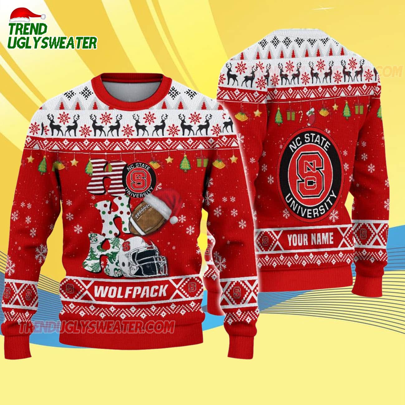 Custom Name Nc State Wolfpack Football Ho Ho Ho Ugly Christmas Sweater Custom Name Nc State Wolfpack Football Ho Ho Ho Ugly Christmas Sweater
