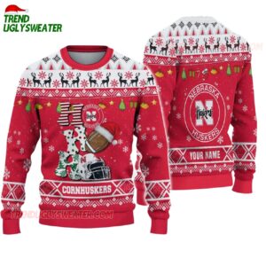 Custom Name Nebraska Cornhuskers Football Ho Ho Ho Ugly Christmas Sweater 1