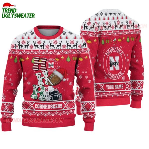 Custom Name Nebraska Cornhuskers Football Ho Ho Ho Ugly Christmas Sweater 1