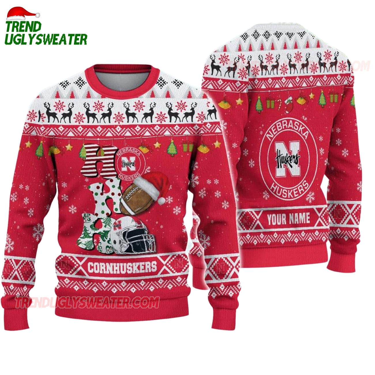 Custom Name Nebraska Cornhuskers Football Ho Ho Ho Ugly Christmas Sweater Custom Name Nebraska Cornhuskers Football Ho Ho Ho Ugly Christmas Sweater