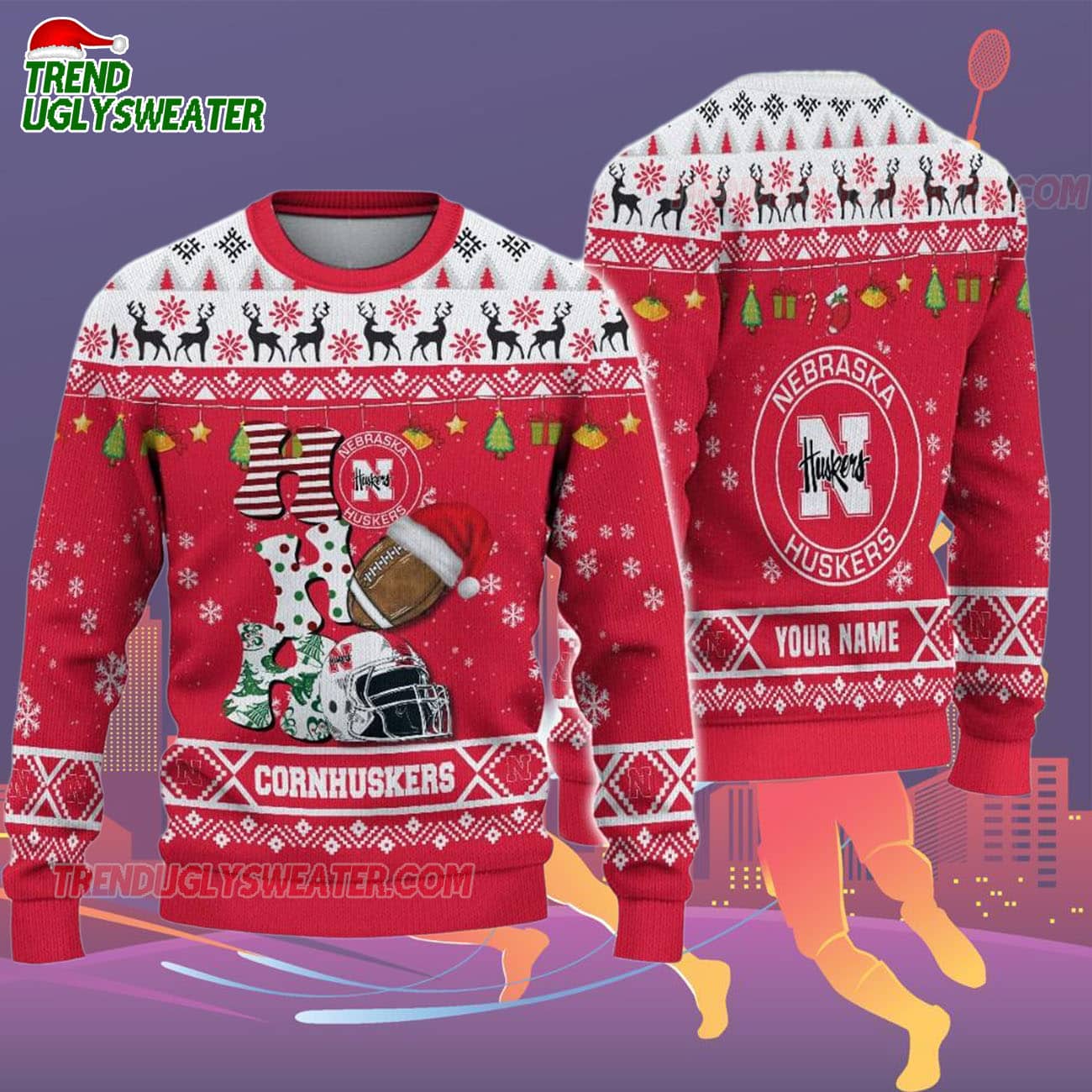 Custom Name Nebraska Cornhuskers Football Ho Ho Ho Ugly Christmas Sweater Custom Name Nebraska Cornhuskers Football Ho Ho Ho Ugly Christmas Sweater
