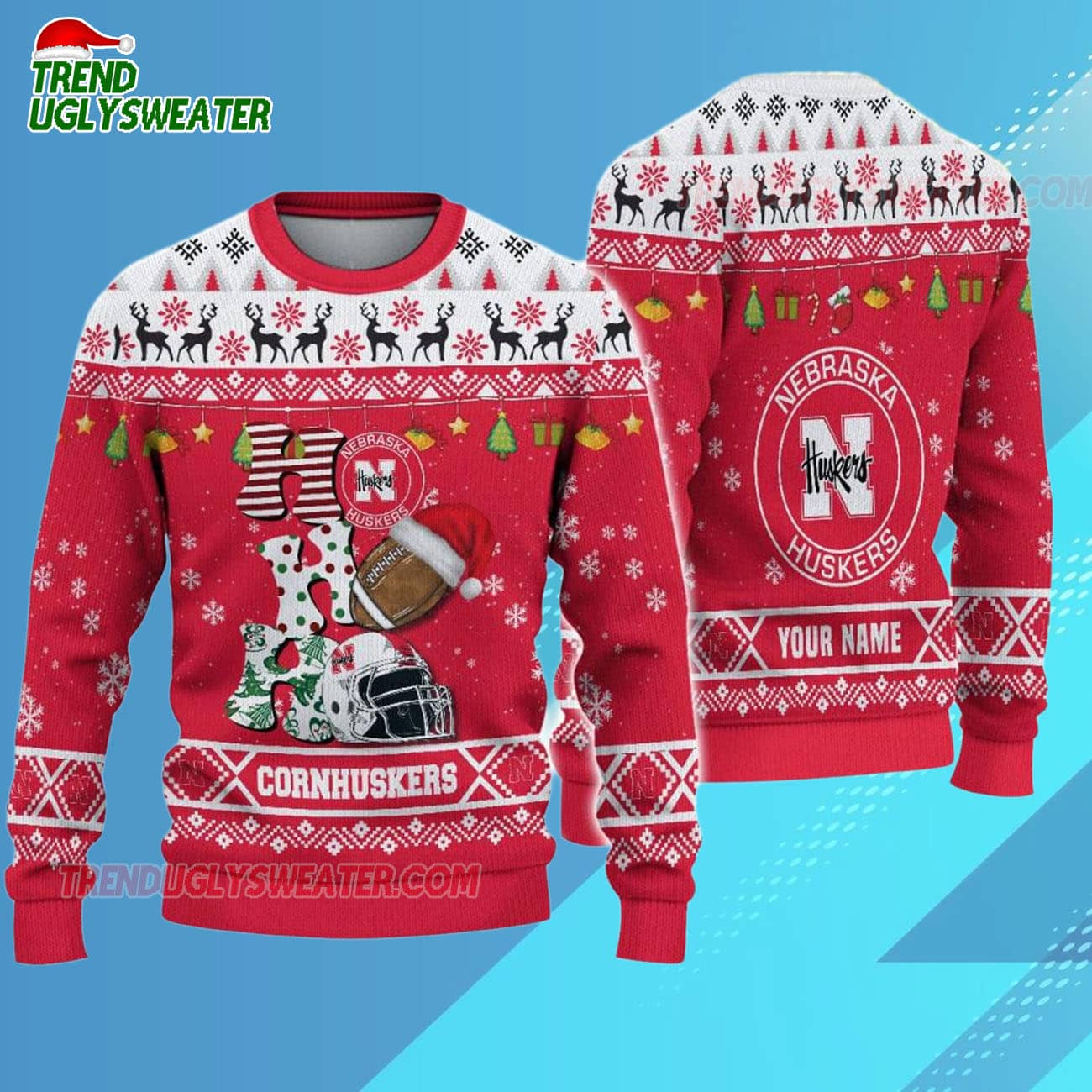 Custom Name Nebraska Cornhuskers Football Ho Ho Ho Ugly Christmas Sweater Custom Name Nebraska Cornhuskers Football Ho Ho Ho Ugly Christmas Sweater