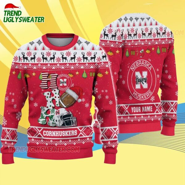 Custom Name Nebraska Cornhuskers Football Ho Ho Ho Ugly Christmas Sweater 4