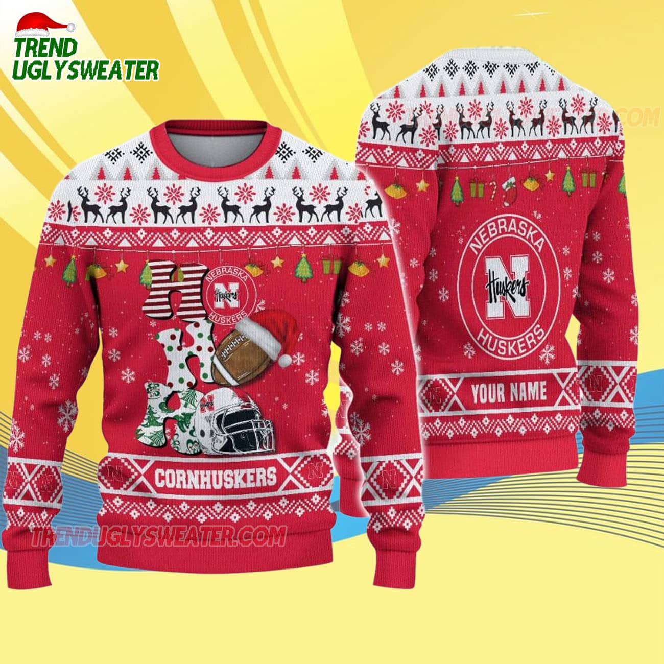 Custom Name Nebraska Cornhuskers Football Ho Ho Ho Ugly Christmas Sweater Custom Name Nebraska Cornhuskers Football Ho Ho Ho Ugly Christmas Sweater