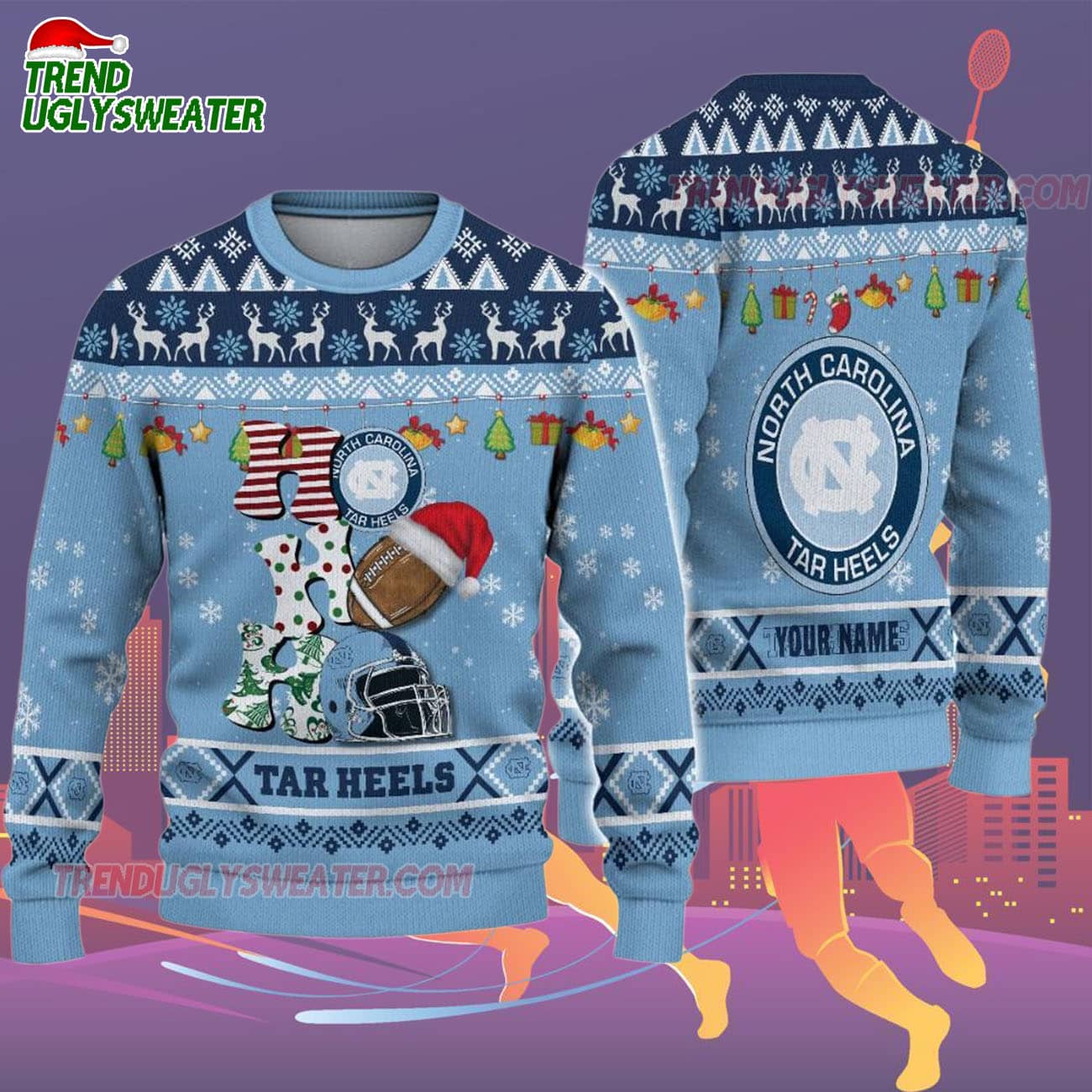 Custom Name North Carolina Tar Heels Football Ho Ho Ho Ugly Christmas Sweater Custom Name North Carolina Tar Heels Football Ho Ho Ho Ugly Christmas Sweater