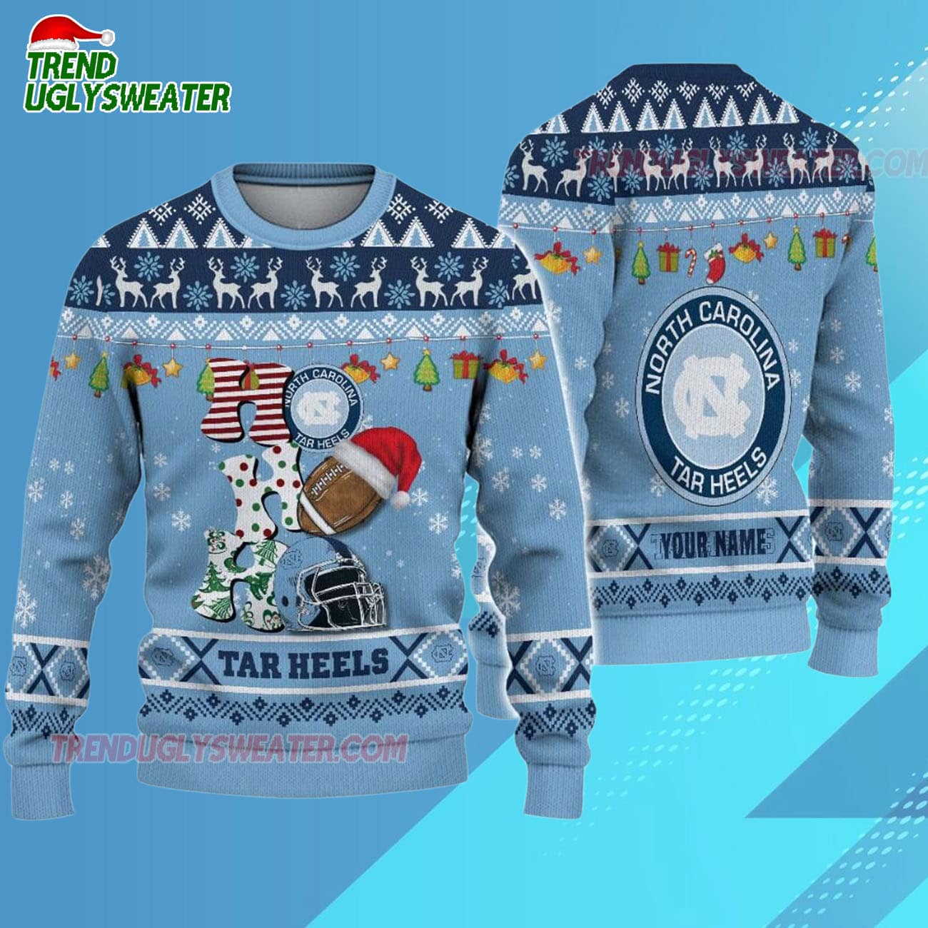 Custom Name North Carolina Tar Heels Football Ho Ho Ho Ugly Christmas Sweater Custom Name North Carolina Tar Heels Football Ho Ho Ho Ugly Christmas Sweater