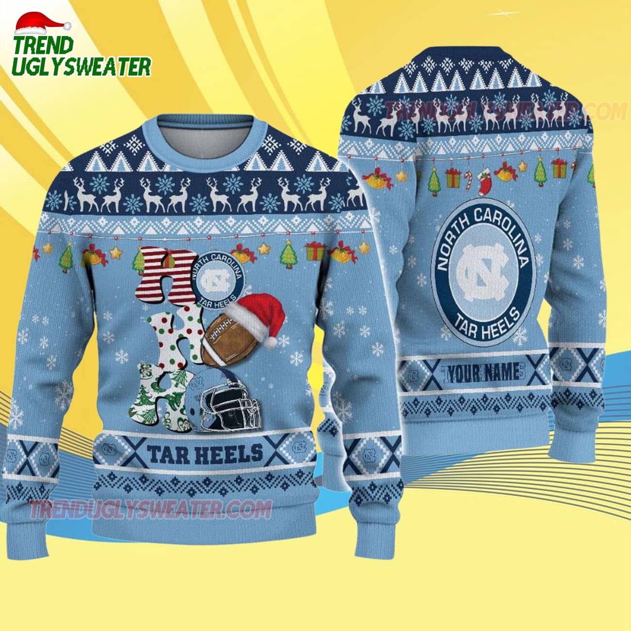 Custom Name North Carolina Tar Heels Football Ho Ho Ho Ugly Christmas Sweater Custom Name North Carolina Tar Heels Football Ho Ho Ho Ugly Christmas Sweater