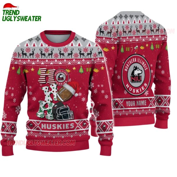 Custom Name Northern Illinois Huskies Football Ho Ho Ho Ugly Christmas Sweater 1