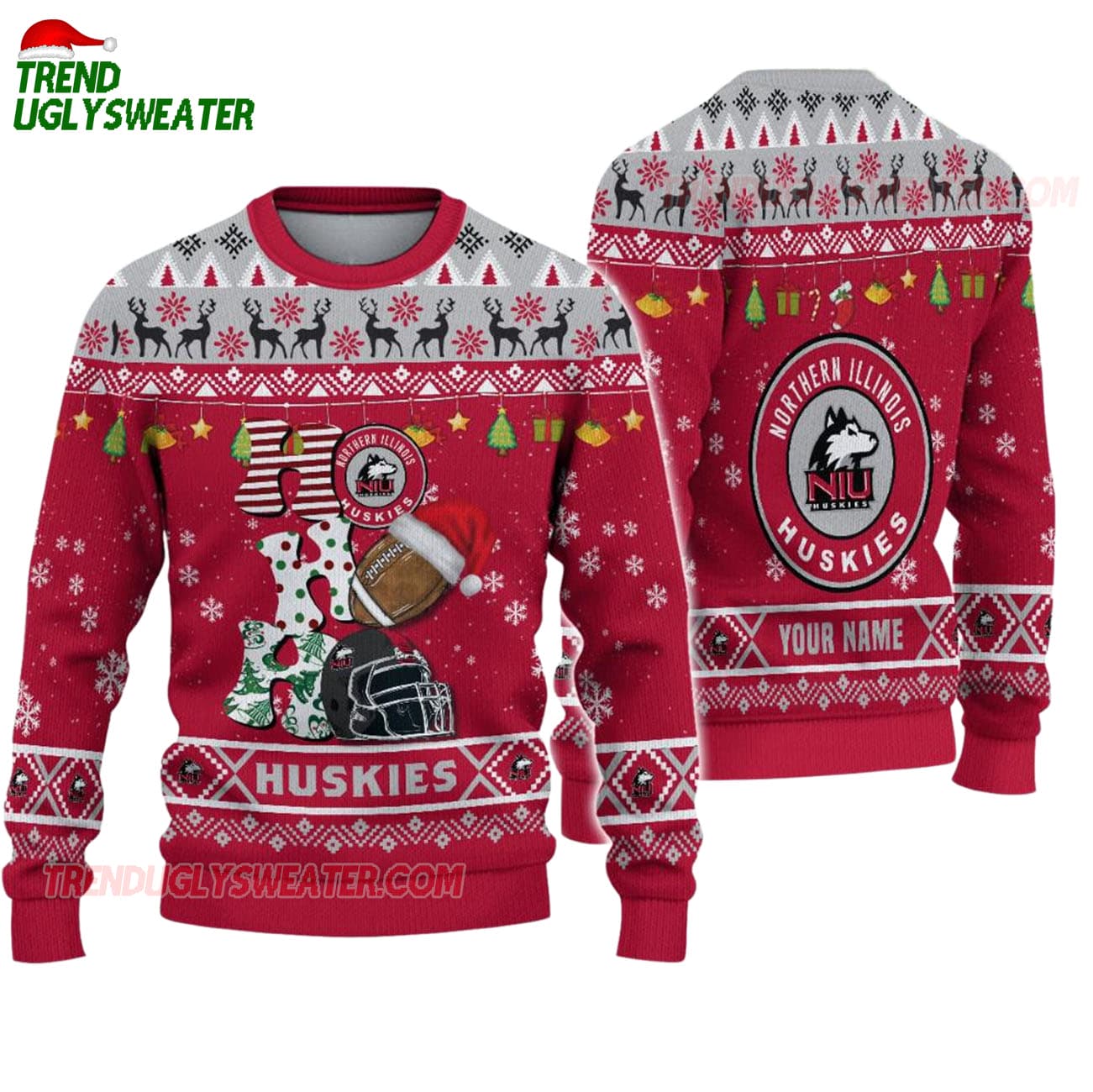 Custom Name Northern Illinois Huskies Football Ho Ho Ho Ugly Christmas Sweater Custom Name Northern Illinois Huskies Football Ho Ho Ho Ugly Christmas Sweater