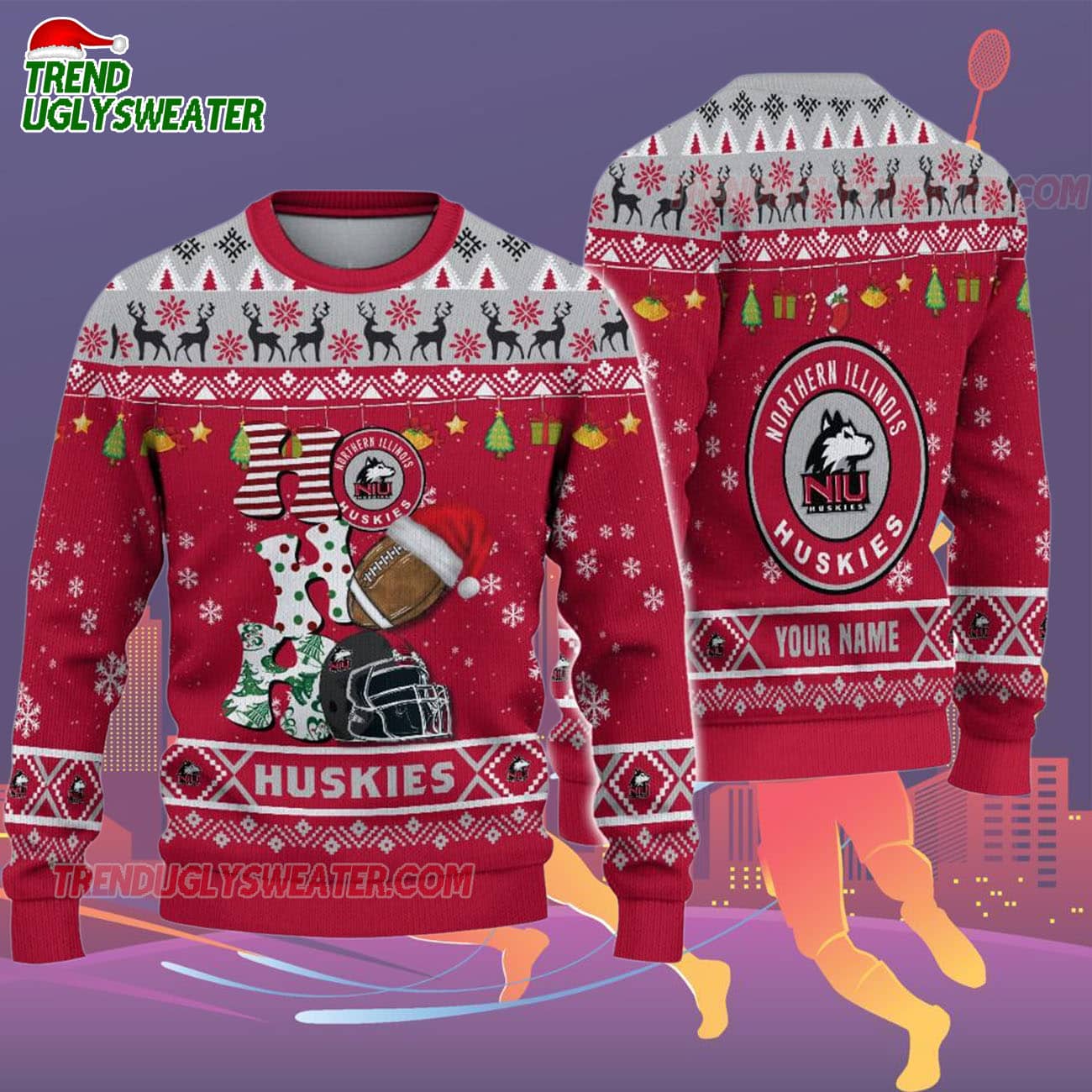 Custom Name Northern Illinois Huskies Football Ho Ho Ho Ugly Christmas Sweater Custom Name Northern Illinois Huskies Football Ho Ho Ho Ugly Christmas Sweater