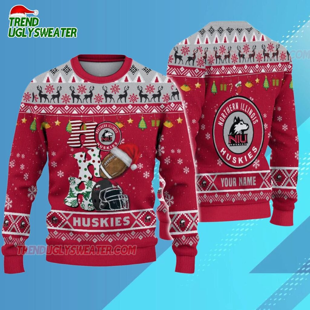 Custom Name Northern Illinois Huskies Football Ho Ho Ho Ugly Christmas Sweater 3