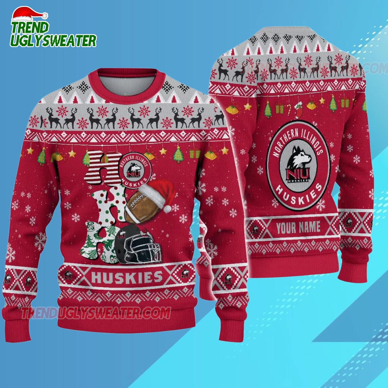 Custom Name Northern Illinois Huskies Football Ho Ho Ho Ugly Christmas Sweater Custom Name Northern Illinois Huskies Football Ho Ho Ho Ugly Christmas Sweater