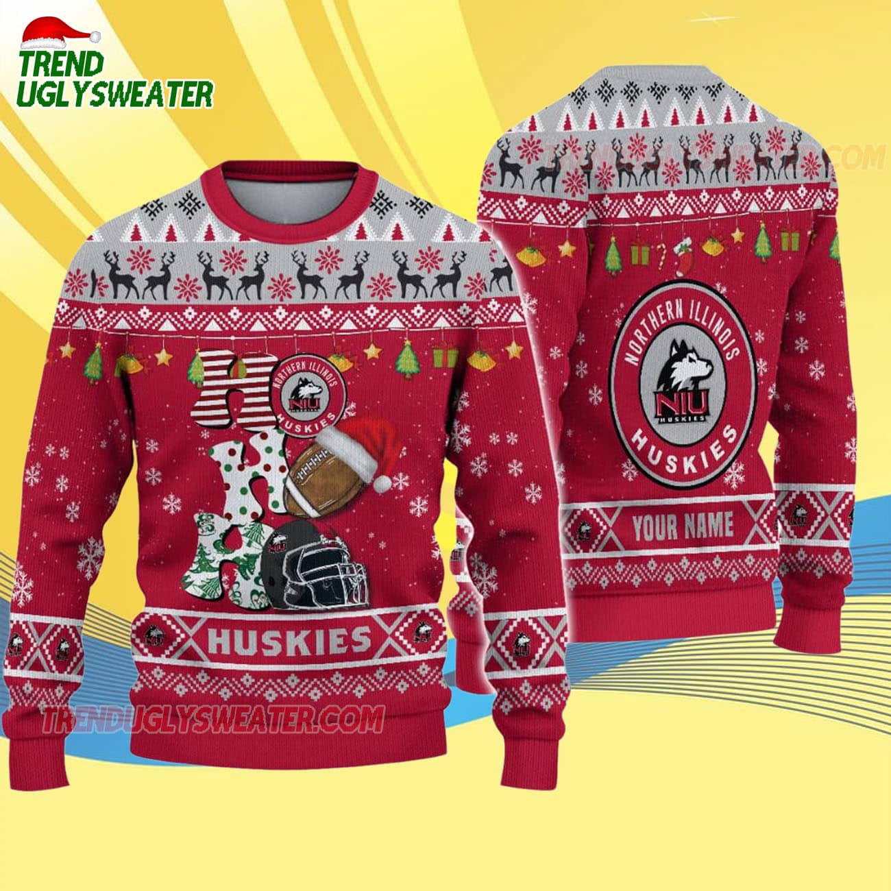Custom Name Northern Illinois Huskies Football Ho Ho Ho Ugly Christmas Sweater Custom Name Northern Illinois Huskies Football Ho Ho Ho Ugly Christmas Sweater