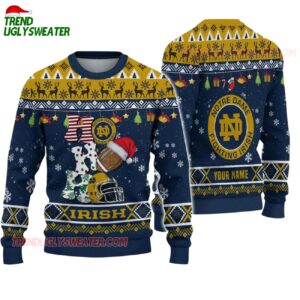 Custom Name Notre Dame Fighting Irish Football Ho Ho Ho Ugly Christmas Sweater 1