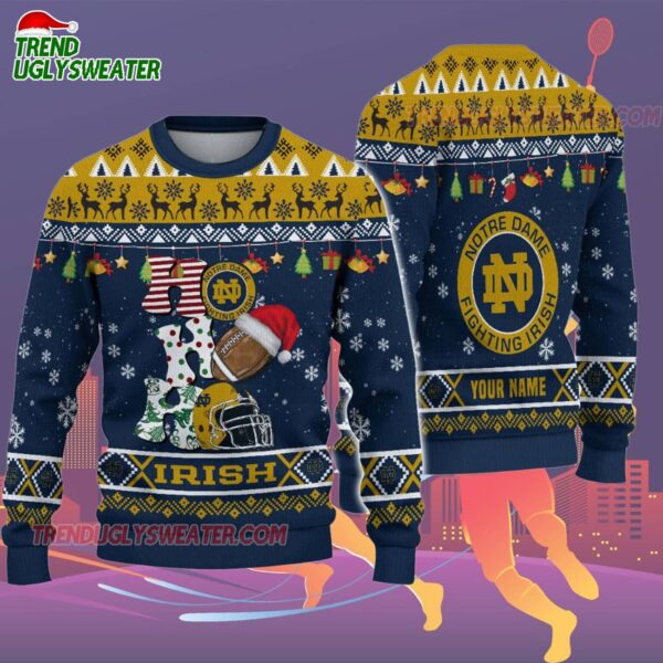Custom Name Notre Dame Fighting Irish Football Ho Ho Ho Ugly Christmas Sweater 2