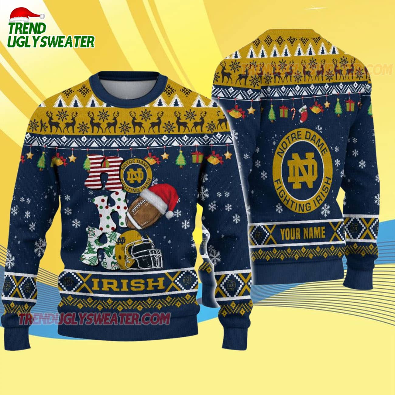 Custom Name Notre Dame Fighting Irish Football Ho Ho Ho Ugly Christmas Sweater Custom Name Notre Dame Fighting Irish Football Ho Ho Ho Ugly Christmas Sweater