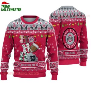 Custom Name Ohio State Buckeyes Football Ho Ho Ho Ugly Christmas Sweater 1