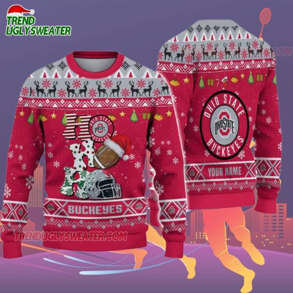 Custom Name Ohio State Buckeyes Football Ho Ho Ho Ugly Christmas Sweater 2