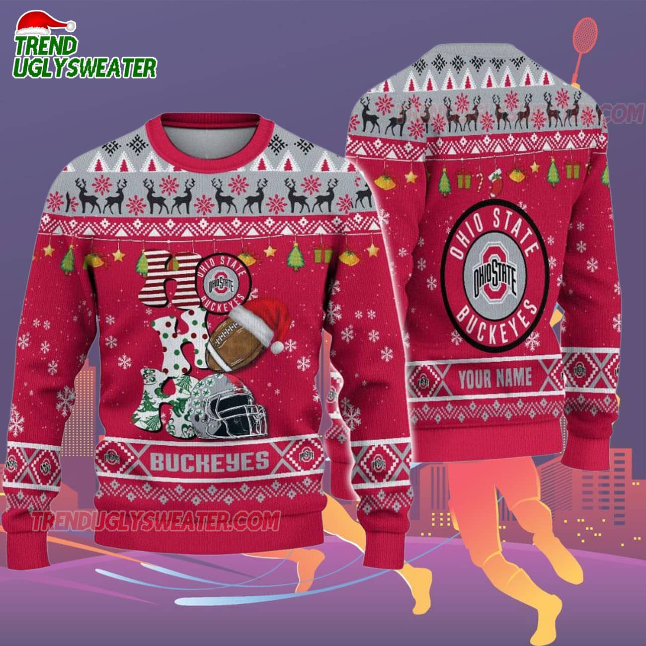 Custom Name Ohio State Buckeyes Football Ho Ho Ho Ugly Christmas Sweater Custom Name Ohio State Buckeyes Football Ho Ho Ho Ugly Christmas Sweater