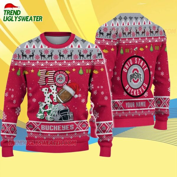 Custom Name Ohio State Buckeyes Football Ho Ho Ho Ugly Christmas Sweater 4