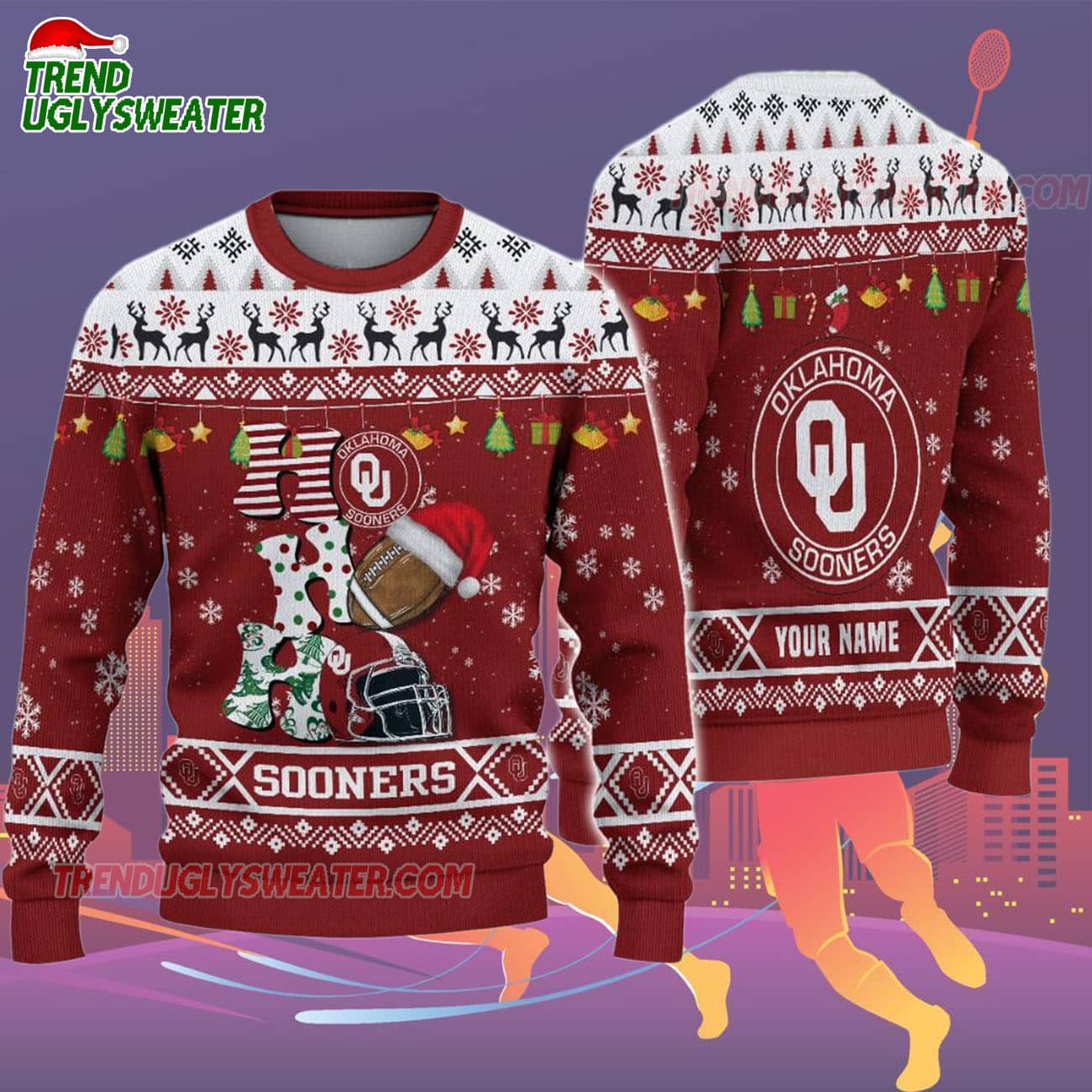 Custom Name Oklahoma Sooners Football Ho Ho Ho Ugly Christmas Sweater Custom Name Oklahoma Sooners Football Ho Ho Ho Ugly Christmas Sweater