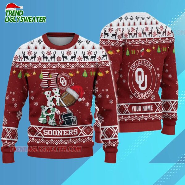 Custom Name Oklahoma Sooners Football Ho Ho Ho Ugly Christmas Sweater 3