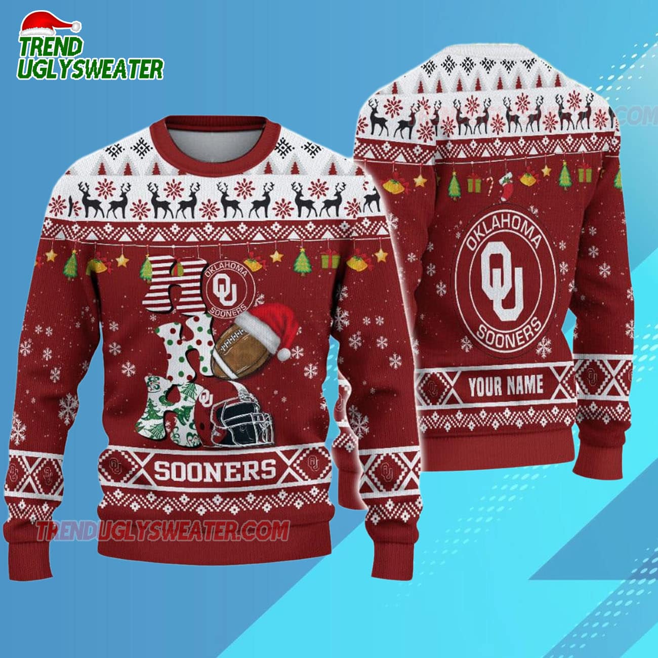 Custom Name Oklahoma Sooners Football Ho Ho Ho Ugly Christmas Sweater Custom Name Oklahoma Sooners Football Ho Ho Ho Ugly Christmas Sweater