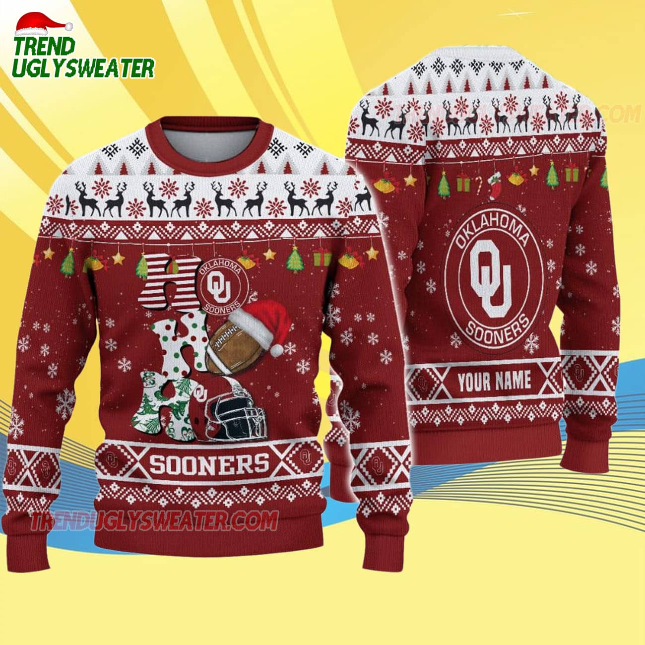 Custom Name Oklahoma Sooners Football Ho Ho Ho Ugly Christmas Sweater Custom Name Oklahoma Sooners Football Ho Ho Ho Ugly Christmas Sweater