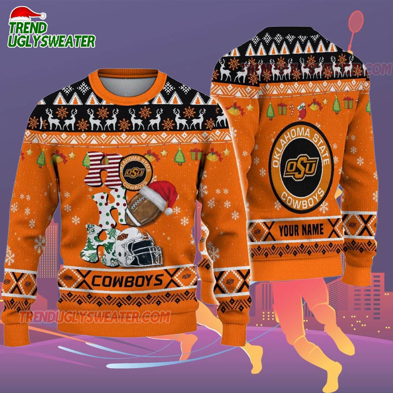 Custom Name Oklahoma State Cowboys Football Ho Ho Ho Ugly Christmas Sweater Custom Name Oklahoma State Cowboys Football Ho Ho Ho Ugly Christmas Sweater