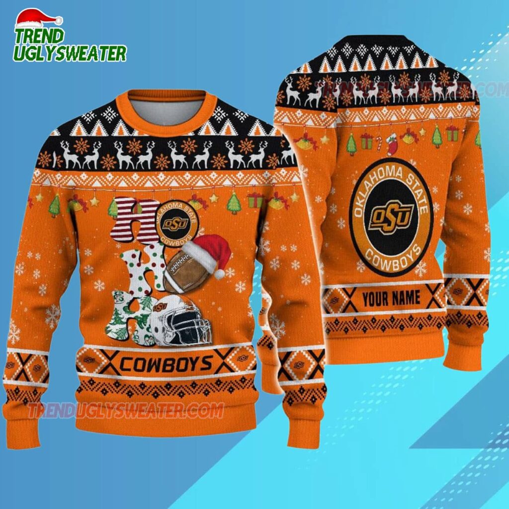 Custom Name Oklahoma State Cowboys Football Ho Ho Ho Ugly Christmas Sweater 3