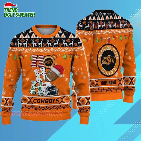 Custom Name Oklahoma State Cowboys Football Ho Ho Ho Ugly Christmas Sweater 3