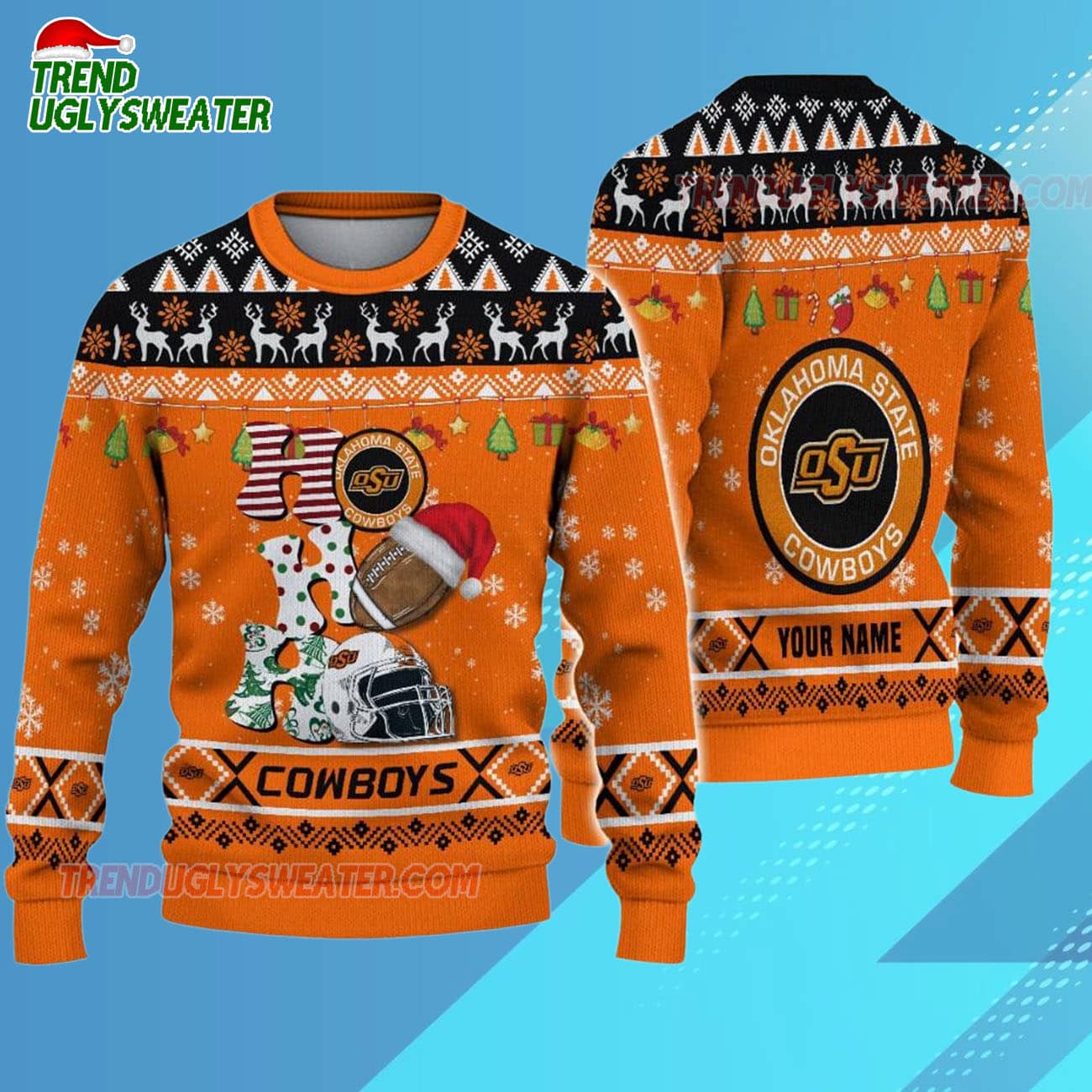 Custom Name Oklahoma State Cowboys Football Ho Ho Ho Ugly Christmas Sweater Custom Name Oklahoma State Cowboys Football Ho Ho Ho Ugly Christmas Sweater