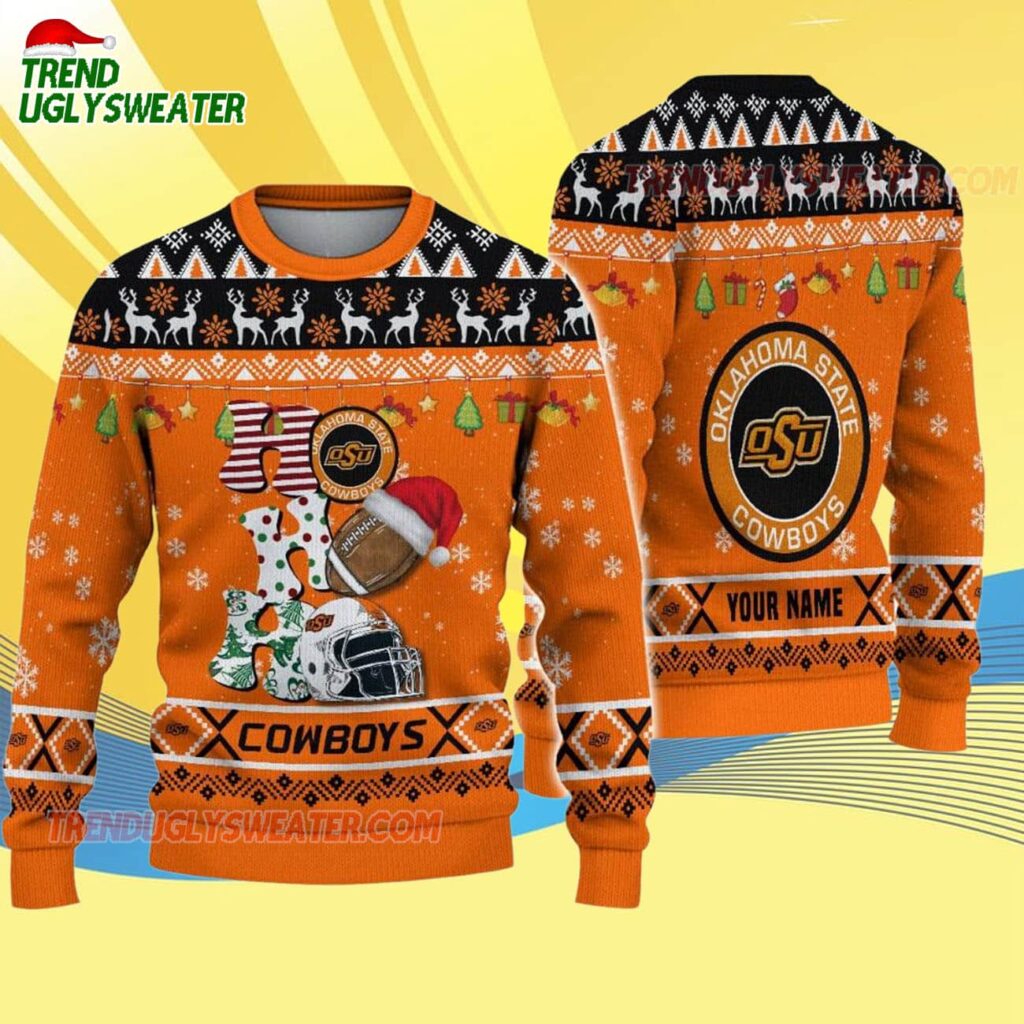 Custom Name Oklahoma State Cowboys Football Ho Ho Ho Ugly Christmas Sweater 4