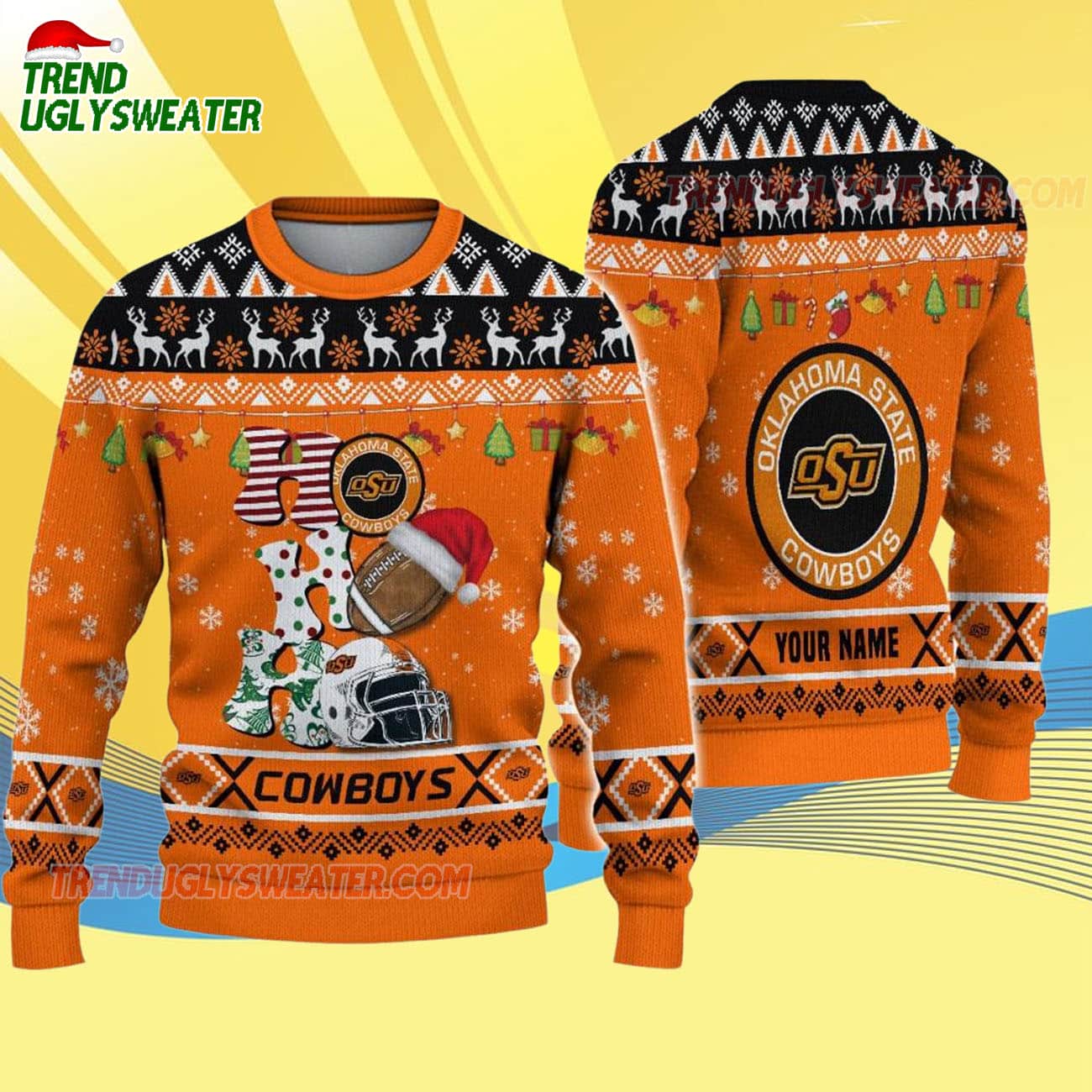 Custom Name Oklahoma State Cowboys Football Ho Ho Ho Ugly Christmas Sweater Custom Name Oklahoma State Cowboys Football Ho Ho Ho Ugly Christmas Sweater