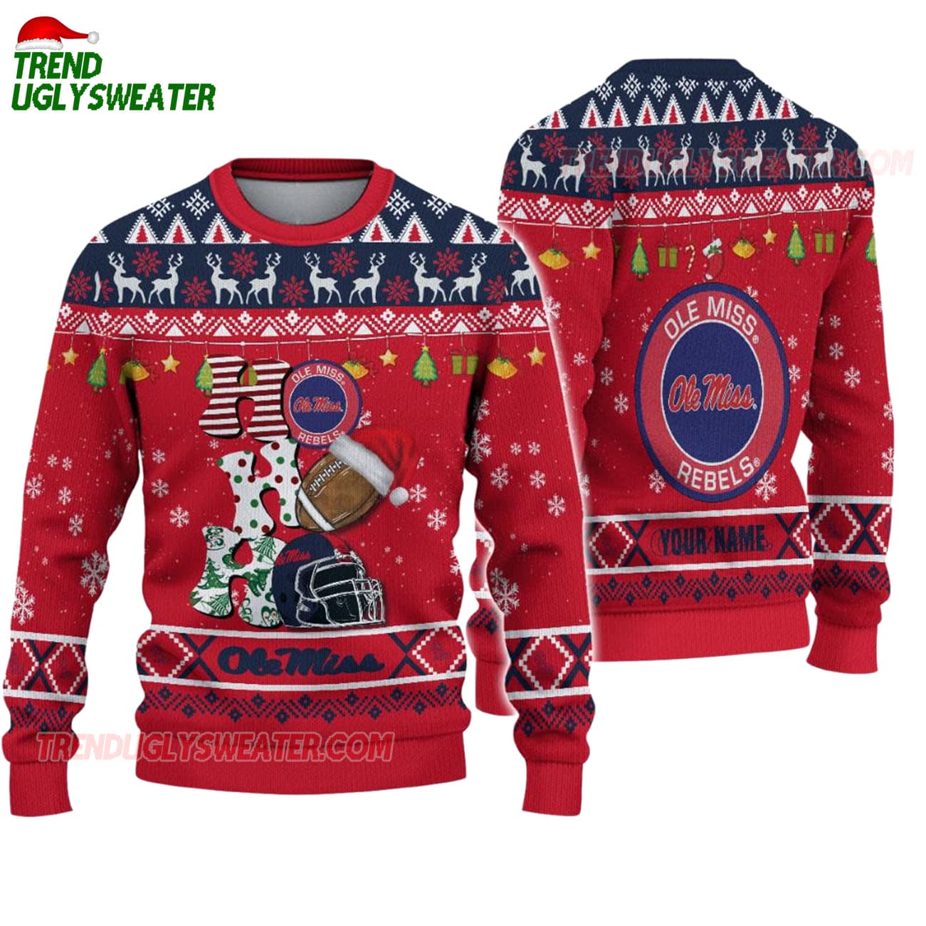 Custom Name Ole Miss Rebels Football Ho Ho Ho Ugly Christmas Sweater Custom Name Ole Miss Rebels Football Ho Ho Ho Ugly Christmas Sweater
