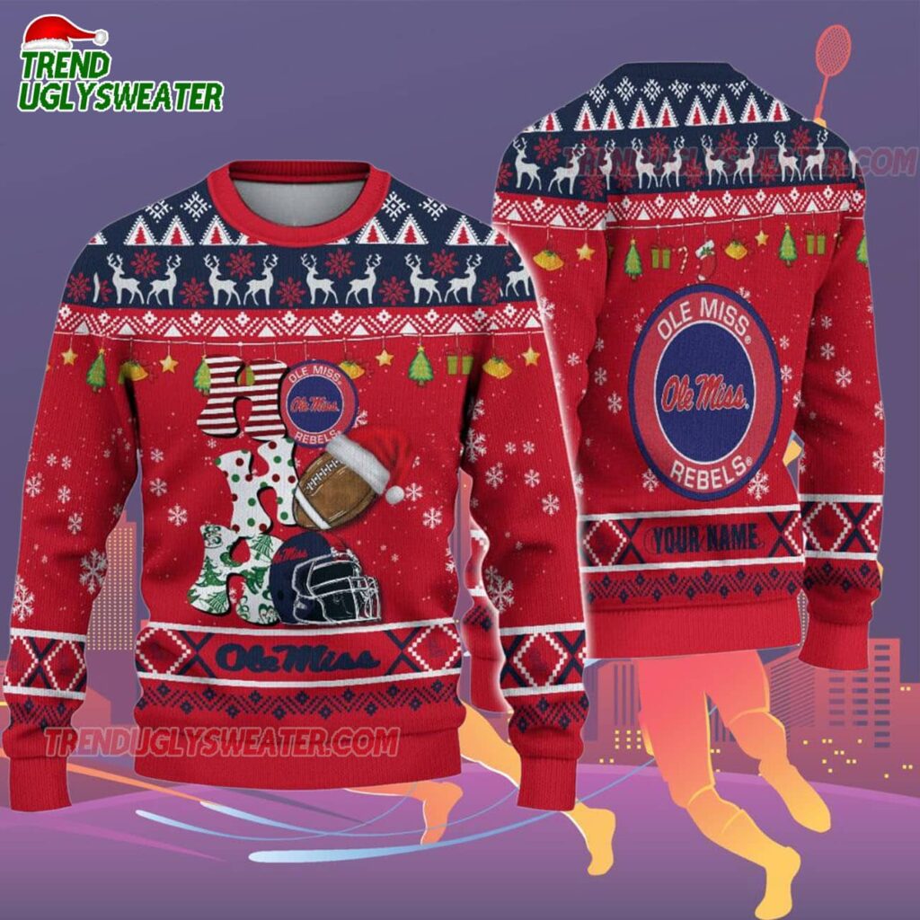 Custom Name Ole Miss Rebels Football Ho Ho Ho Ugly Christmas Sweater 2