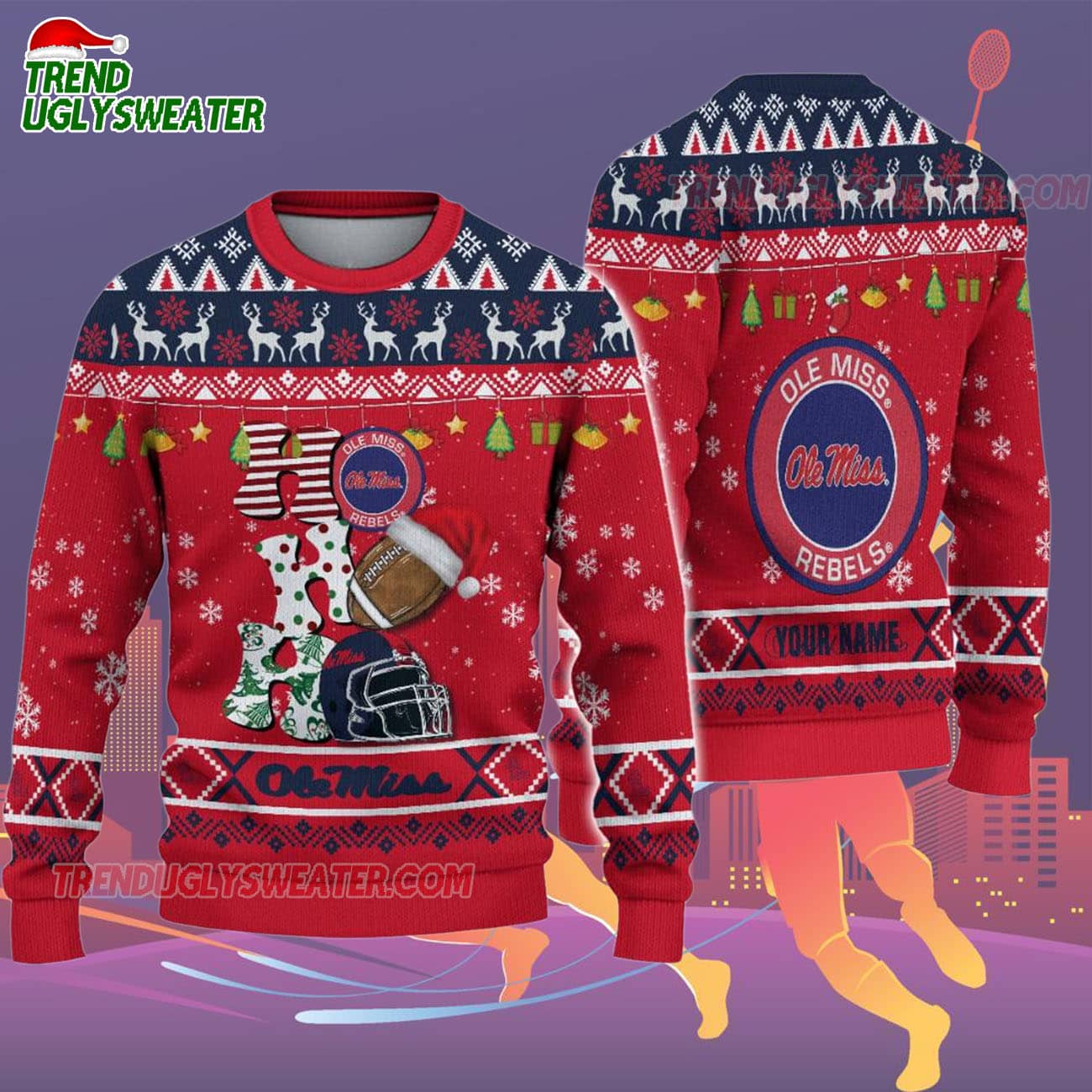 Custom Name Ole Miss Rebels Football Ho Ho Ho Ugly Christmas Sweater Custom Name Ole Miss Rebels Football Ho Ho Ho Ugly Christmas Sweater