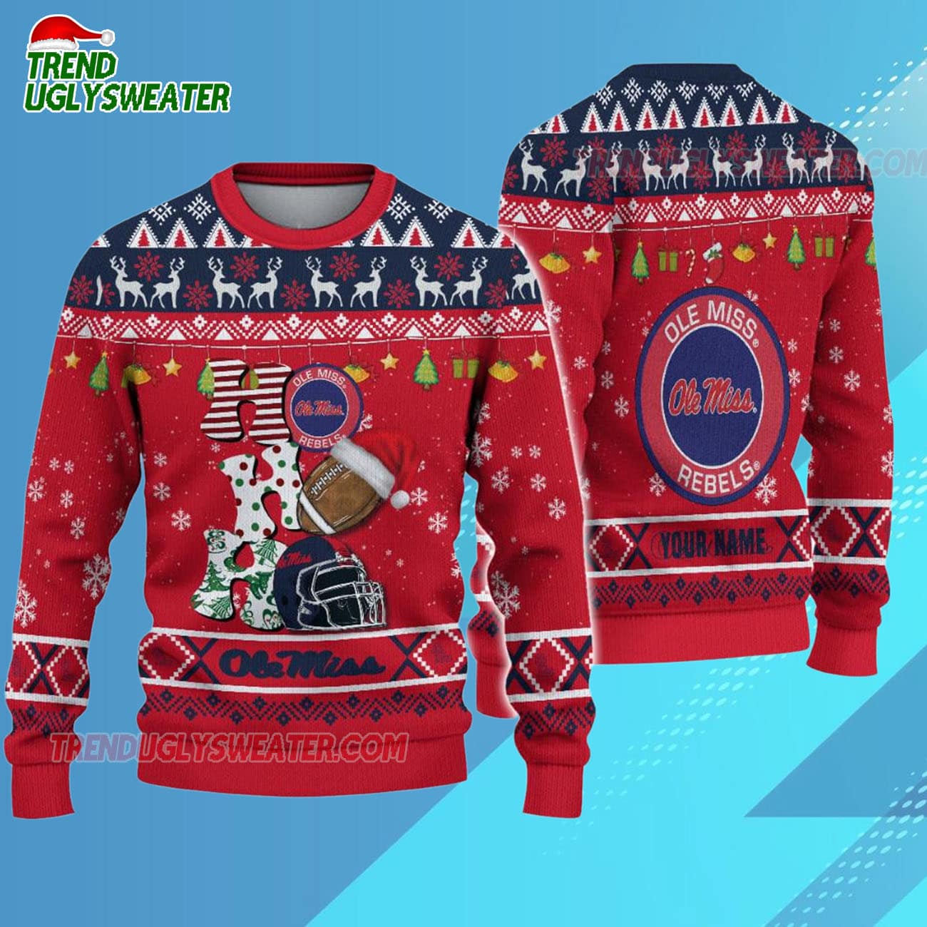 Custom Name Ole Miss Rebels Football Ho Ho Ho Ugly Christmas Sweater Custom Name Ole Miss Rebels Football Ho Ho Ho Ugly Christmas Sweater
