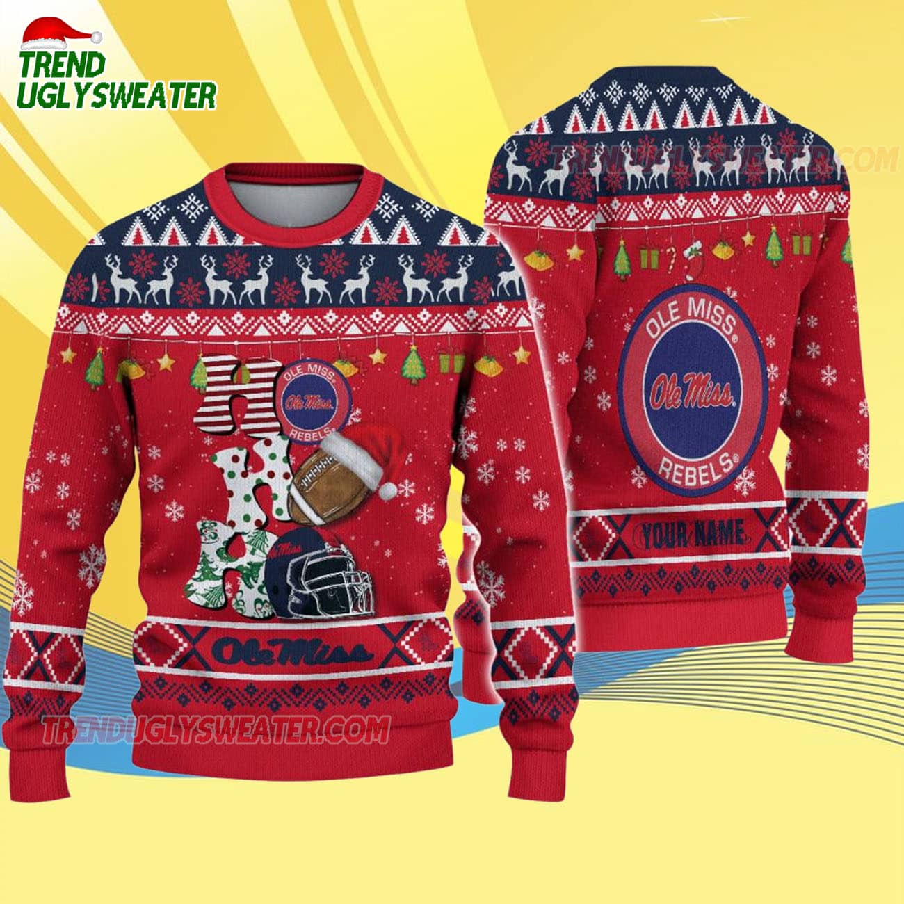 Custom Name Ole Miss Rebels Football Ho Ho Ho Ugly Christmas Sweater Custom Name Ole Miss Rebels Football Ho Ho Ho Ugly Christmas Sweater