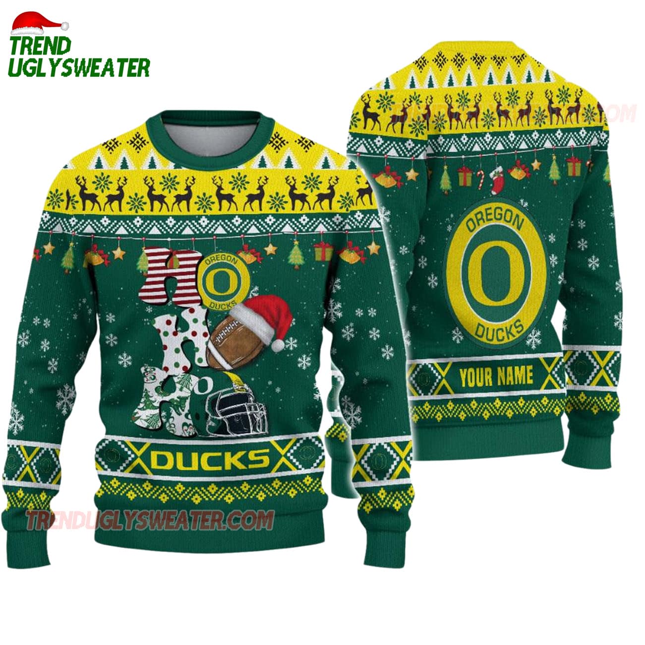 Custom Name Oregon Ducks Football Ho Ho Ho Ugly Christmas Sweater Custom Name Oregon Ducks Football Ho Ho Ho Ugly Christmas Sweater