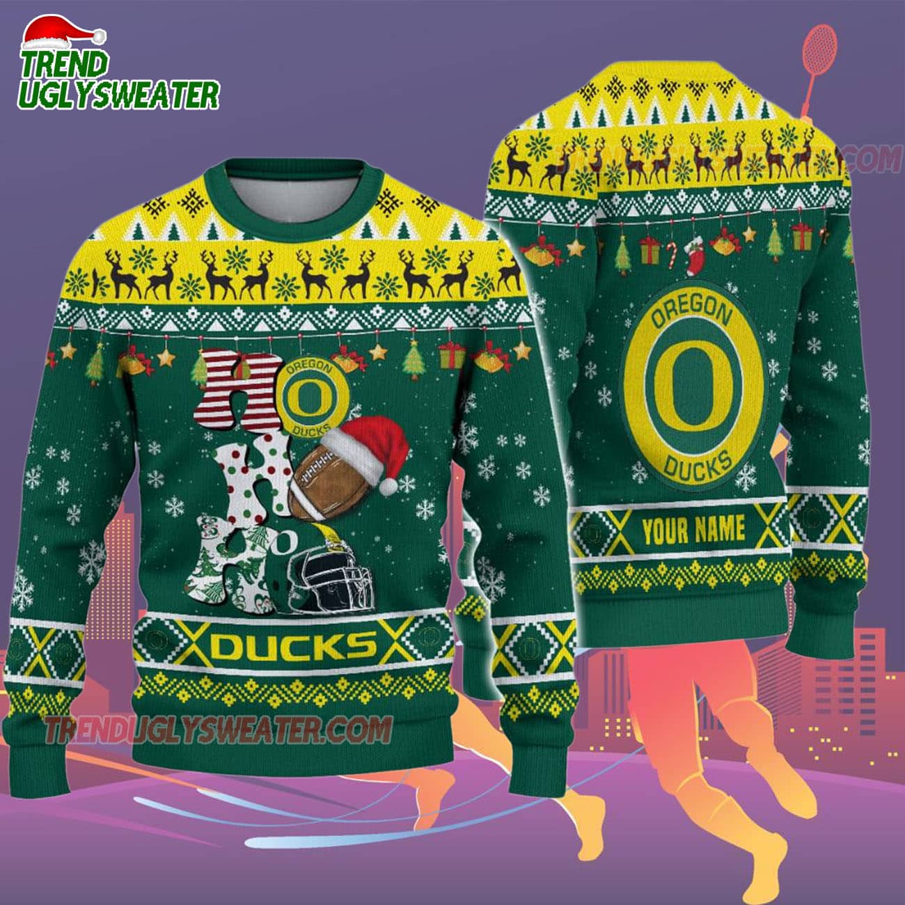 Custom Name Oregon Ducks Football Ho Ho Ho Ugly Christmas Sweater Custom Name Oregon Ducks Football Ho Ho Ho Ugly Christmas Sweater