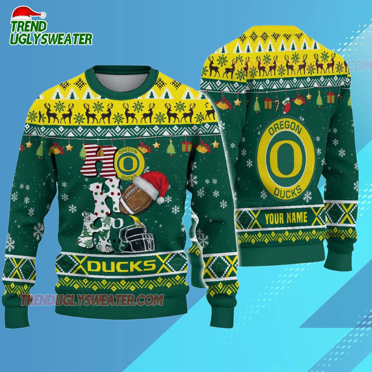 Custom Name Oregon Ducks Football Ho Ho Ho Ugly Christmas Sweater Custom Name Oregon Ducks Football Ho Ho Ho Ugly Christmas Sweater