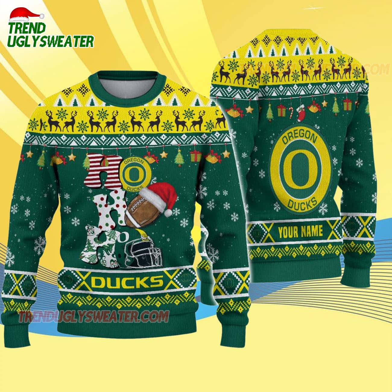 Custom Name Oregon Ducks Football Ho Ho Ho Ugly Christmas Sweater Custom Name Oregon Ducks Football Ho Ho Ho Ugly Christmas Sweater